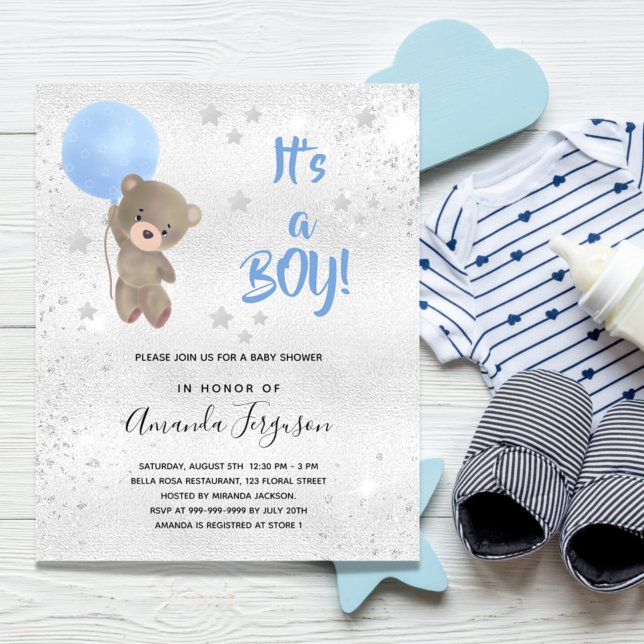 Baby Shower teddy bear boy blue silver invitation (Creator Uploaded)