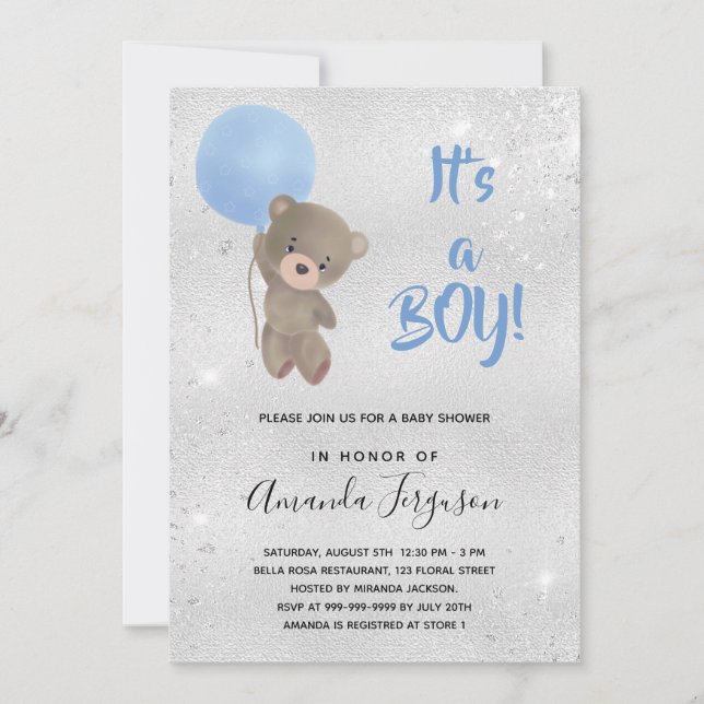 Baby shower teddy bear boy blue silver invitation (Front)