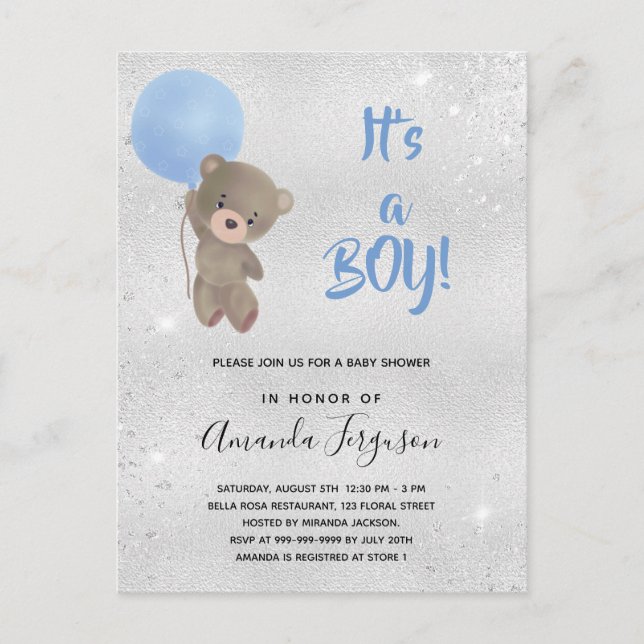Baby shower teddy bear boy blue silver invitation postcard (Front)