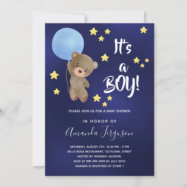 Baby shower teddy bear boy blue stars invitation (Front)