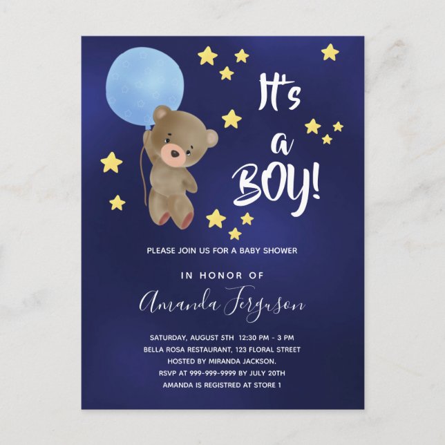 Baby shower teddy bear boy blue stars invitation postcard (Front)