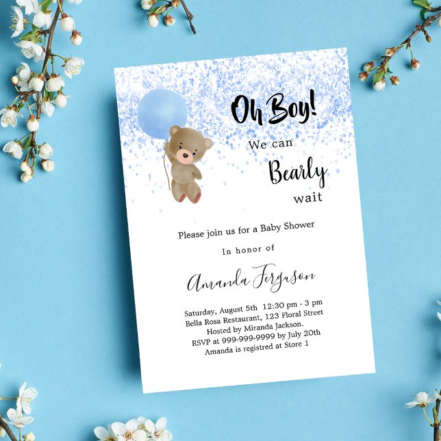 Baby shower teddy bear boy blue white luxury invitation (Creator Uploaded)