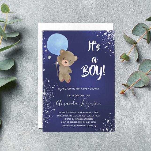 Baby shower teddy bear boy navy blue glitter invitation (Creator Uploaded)