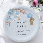 Baby Shower teddy bear boy pampas grass blue  Paper Plate<br><div class="desc">For an elegant and modern baby shower,  celebrating a baby boy. A light blue background. Decorated with light blue florals,  pampas grass and a teddy bear holding a balloon.
Personalise and add a name and date.</div>