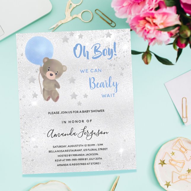 Baby shower teddy bear boy silver blue invitation (Creator Uploaded)