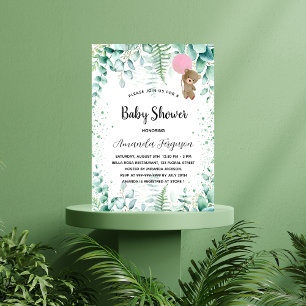 Baby Shower teddy bear eucalyptus pink forest Invitation