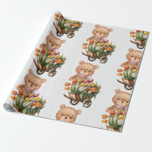 Baby Shower Teddy Bear floral rustic pink Wrapping Paper