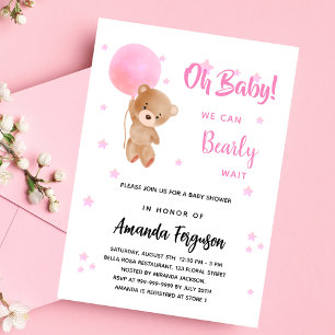 Baby shower teddy bear girl pink balloon luxury invitation
