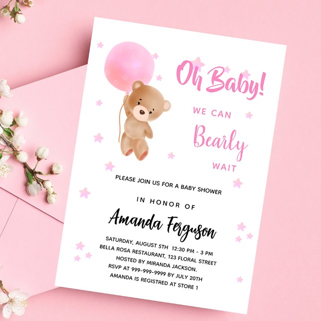 Baby shower teddy bear girl pink balloon luxury invitation (Creator Uploaded)