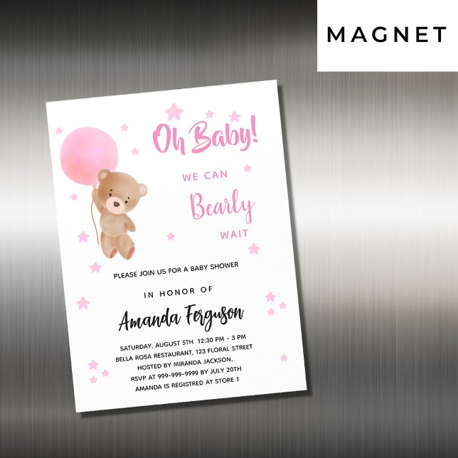 Baby shower teddy bear girl pink balloon luxury magnetic invitation (Creator Uploaded)