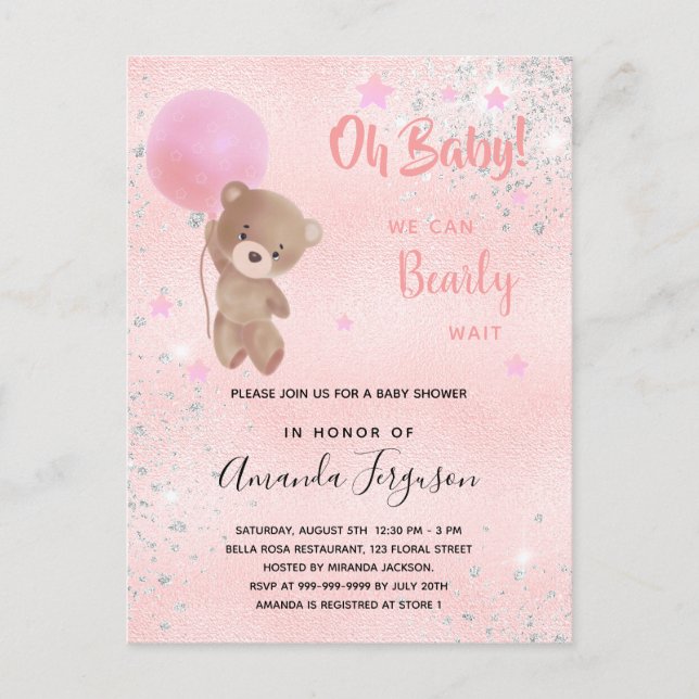 Baby shower teddy bear girl pink glitter invitation postcard (Front)