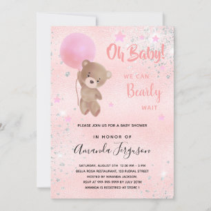 Baby shower teddy bear girl pink silver invitation