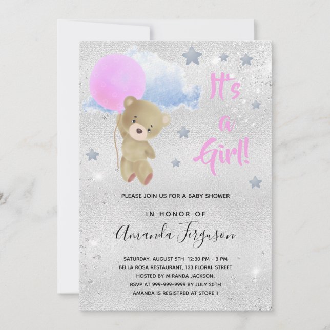 Baby shower teddy bear girl pink silver invitation (Front)