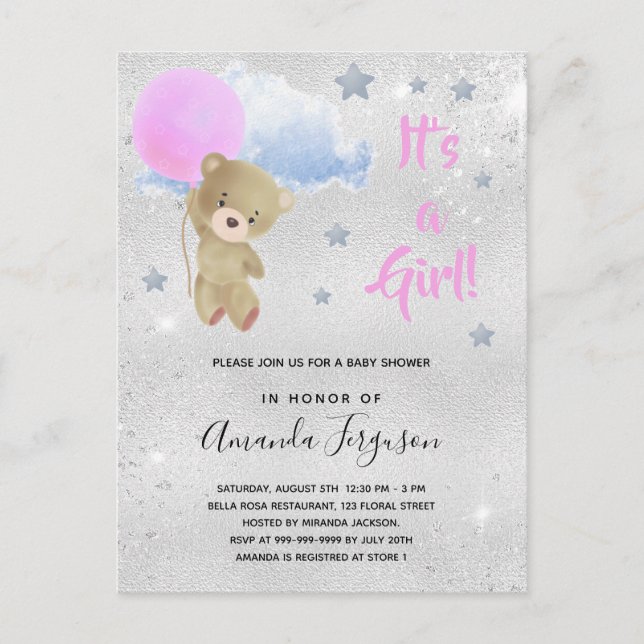 Baby shower teddy bear girl pink silver invitation postcard (Front)