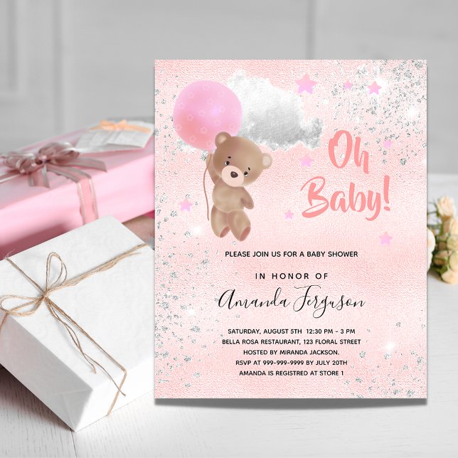 Baby shower teddy bear girl pink silver invitation postcard (Creator Uploaded)