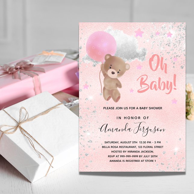 Baby shower teddy bear girl pink silver luxury invitation (Creator Uploaded)