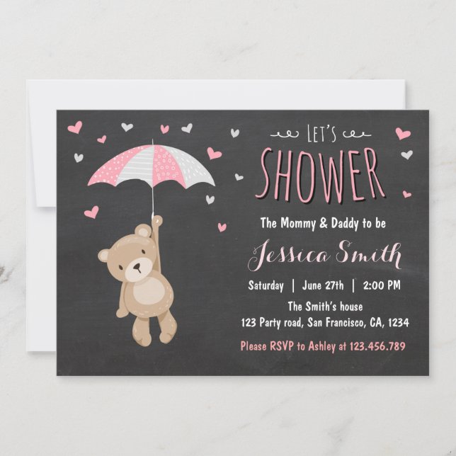 Baby Shower Teddy Bear Invitation Baby Girl Pink (Front)