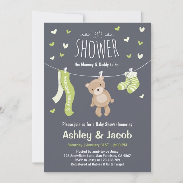Baby Shower Teddy Bear Invitation Lime Green (Front)