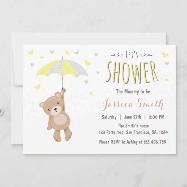Baby Shower Teddy Bear Invitation Yellow Neutral (Front)