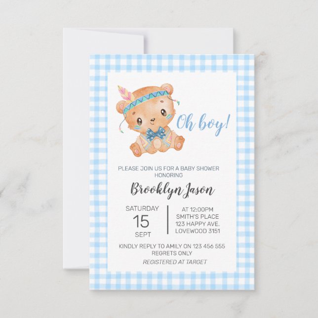 Baby Shower Teddy Bear Oh Boy Blue Gingham Thank You Card (Front)
