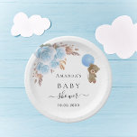 Baby Shower teddy bear pampas grass blue boy  Paper Plate<br><div class="desc">For an elegant and modern baby shower,  celebrating a baby boy. A white background. Decorated with light blue florals,  pampas grass and a teddy bear holding a balloon.
Personalise and add a name and date.</div>