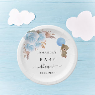 Baby Shower teddy bear pampas grass blue boy Paper Plate