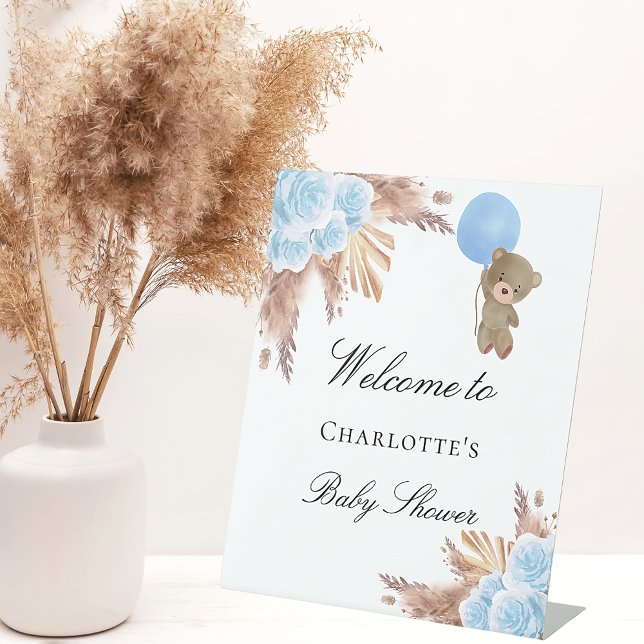 Baby shower teddy bear pampas grass blue boy  pedestal sign (Creator Uploaded)