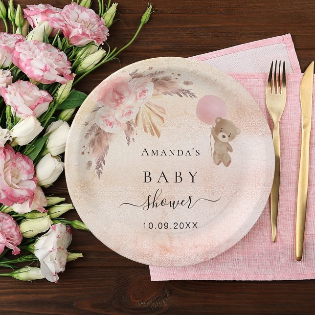 Baby Shower teddy bear pampas grass blush rose Paper Plate (Creator Uploaded)