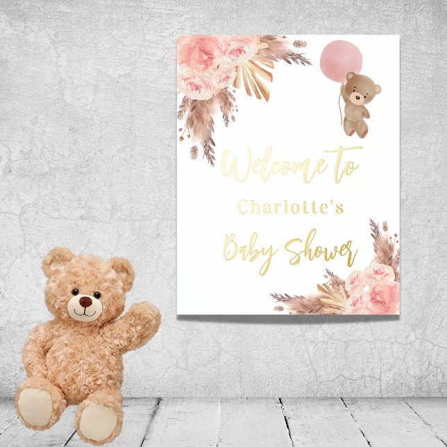 Baby shower teddy bear pampas grass rose blush foil prints (Creator Uploaded)
