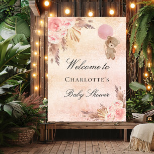 Baby shower teddy bear pampas grass rose blush poster