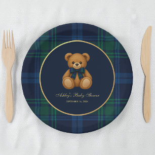 Baby Shower Teddy Bear Preppy Boy Blue Green Plaid Paper Plate