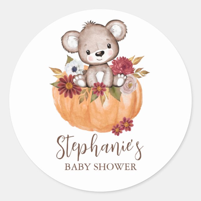 Baby Shower Teddy Bear Pumpkin Fall Classic Round Sticker (Front)