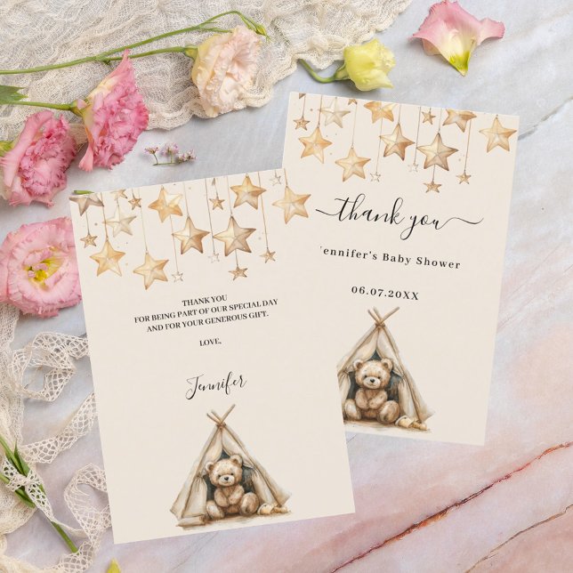 Baby Shower teddy bear stars tent beige Thank You Card (Creator Uploaded)