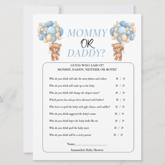 Baby Shower Teddy  Blue  Mummy or Daddy  Invitation (Front)