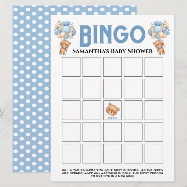 Baby Shower Teddy Boy Bubbly Blue Bingo Game  Invitation (Front/Back)