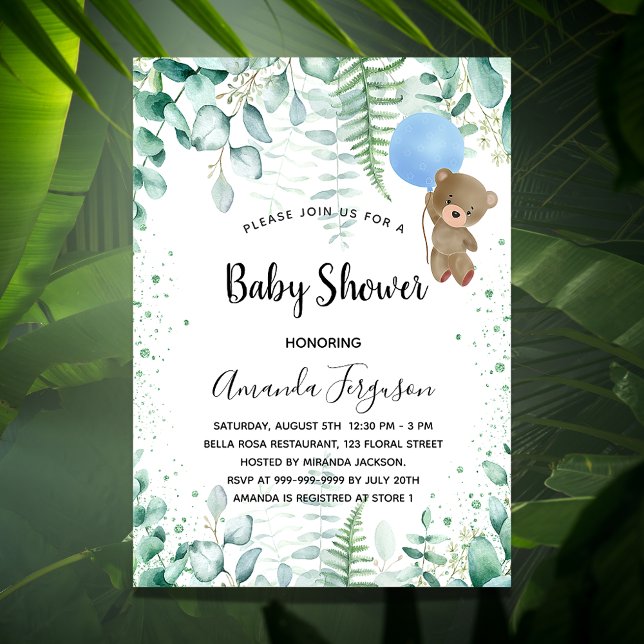 Baby Shower teddy boy eucalyptus forest luxury Invitation (Creator Uploaded)