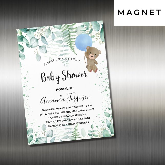 Baby Shower teddy boy eucalyptus forest Magnetic Invitation (Creator Uploaded)