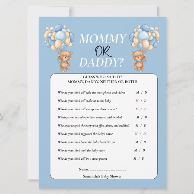 Baby Shower Teddy  boy Mummy or Daddy  Invitation (Front)