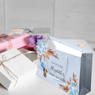 Baby Shower teddy floral pampas grass blue boy Large Gift Bag