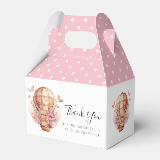 Baby Shower Teddy Hot Air Balloon Soft Pink Favour Box (Front Side)