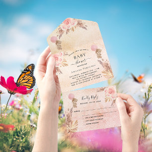 Baby Shower teddy pampas rose gold florals RSVP All In One Invitation