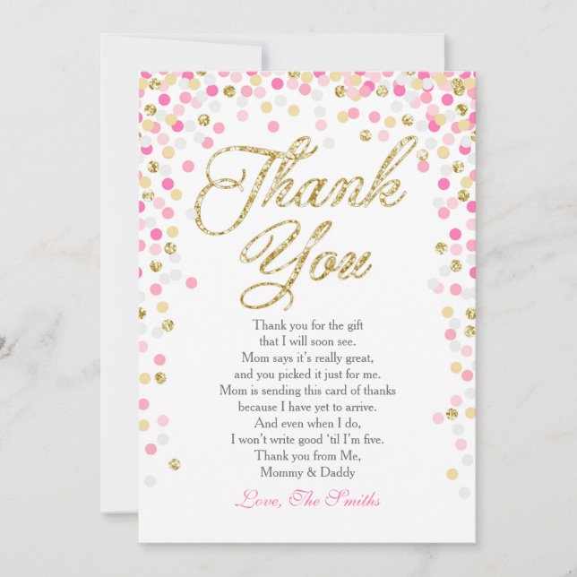 Baby Shower Thank You Card Confetti Gold pink girl (Front)