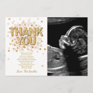 Baby Shower Thank You Card Confetti Gold pink girl