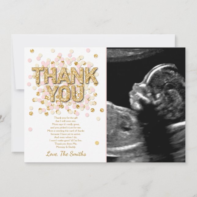 Baby Shower Thank You Card Confetti Gold pink girl (Front)