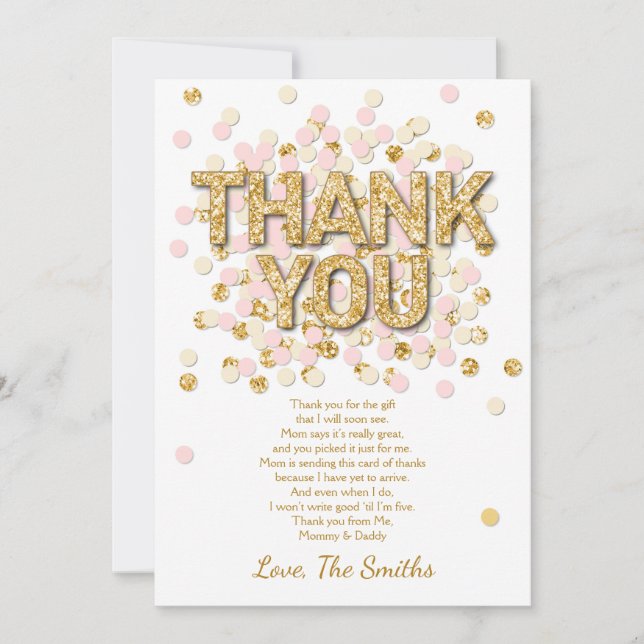 Baby Shower Thank You Card Confetti Gold pink girl (Front)