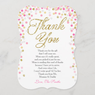 Baby Shower Thank You Card Confetti Gold pink girl