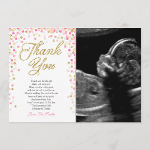 Baby Shower Thank You Card Confetti Gold pink girl