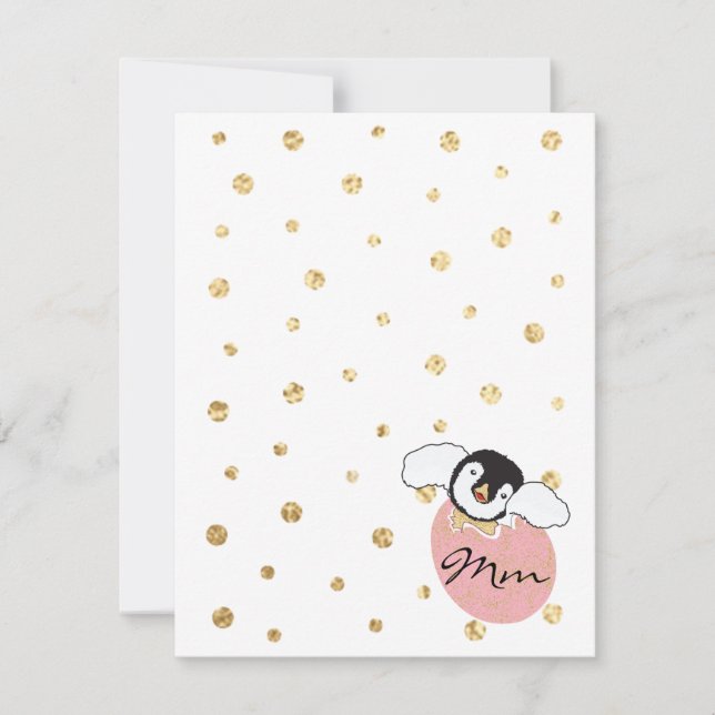 Baby Shower Thank You Card, "Penguin Pink/Gold" Card (Front)