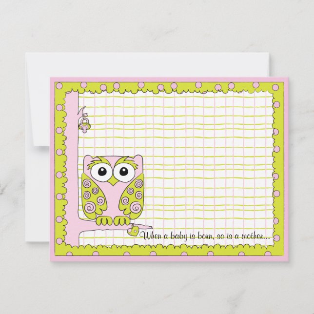 Baby Shower Thank You Card, Pink/Green Owl (Front)