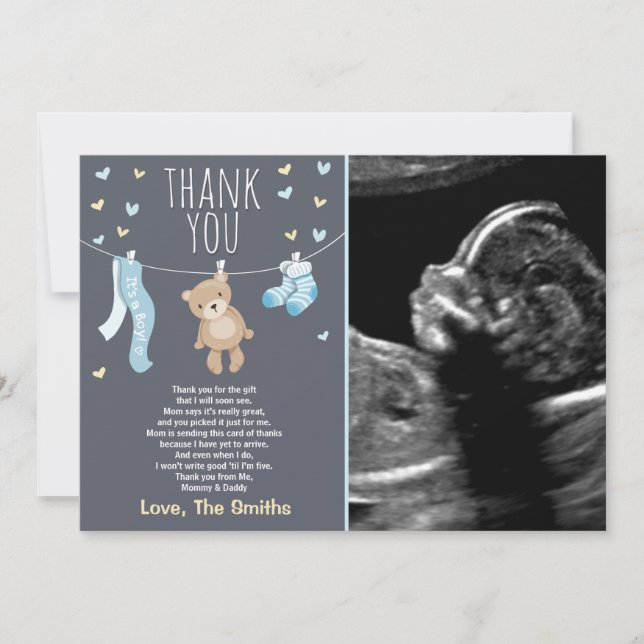 Baby Shower Thank You Card Teddy Bear Blue (Front)